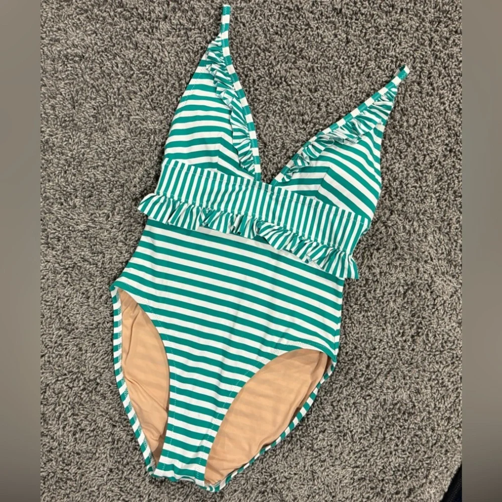 J.Crew plunging ruffle one piece striped Green Striped Swimsuit, size 4 - Picture 4 of 9